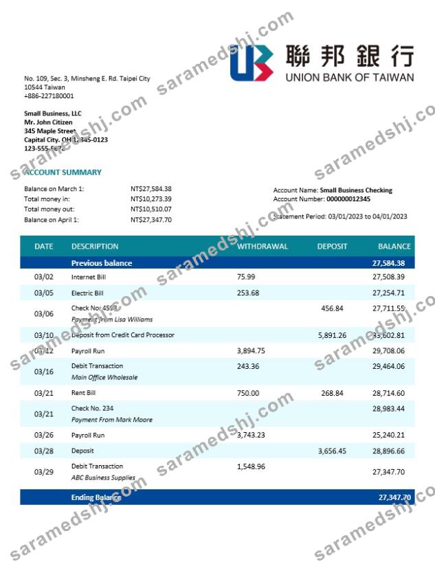 Union Bank of Taiwan company account statement Word and PDF template